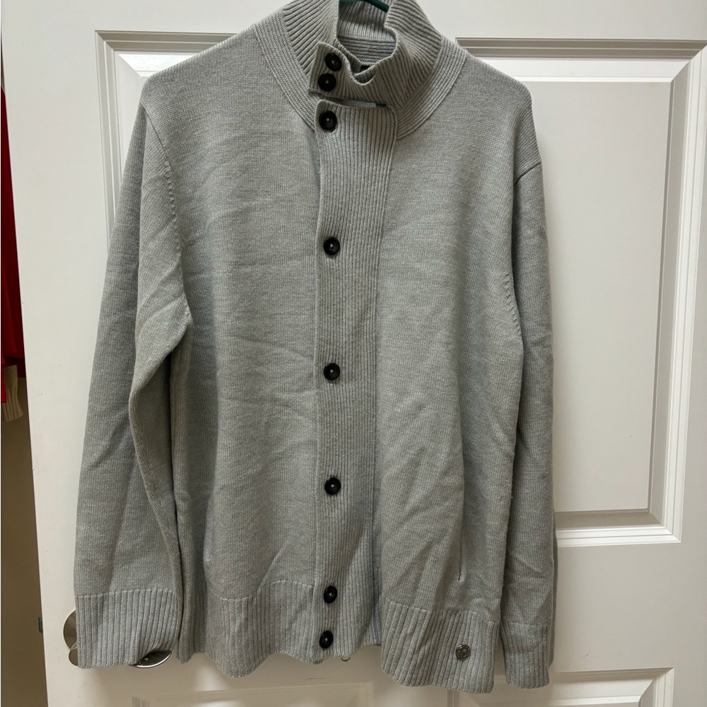 Agave Lux Sz L Cardigan, full front zipper/buttons, button turtle neck, LT Gray